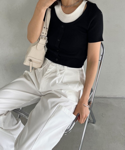 tシャツ レイヤードデザインリブトップス レディース CLEA tシャツ レイヤードデザイン リブ半袖トップス レディース