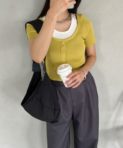tシャツ レイヤードデザインリブトップス レディース CLEA tシャツ レイヤードデザイン リブ半袖トップス レディース