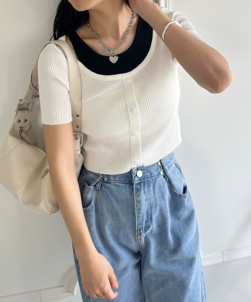 tシャツ レイヤードデザインリブトップス レディース CLEA tシャツ レイヤードデザイン リブ半袖トップス レディース