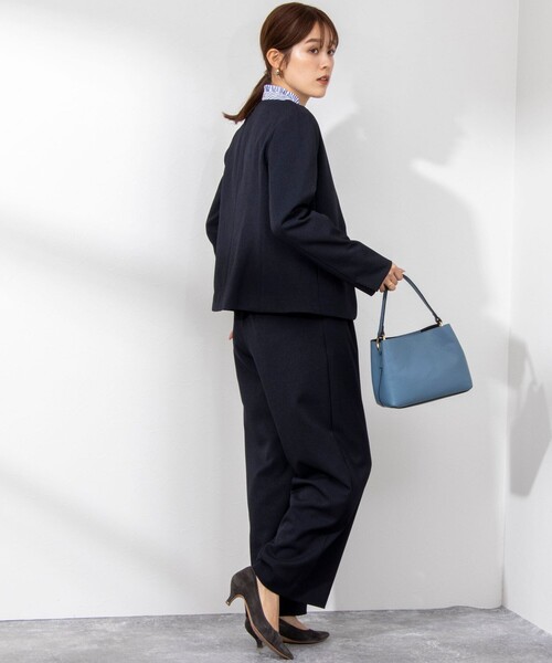 ノーリーズ　セットアップ　ノーカラー　ストレッチ　洗える　ネイビー　現行 NOLLEY'S ジャケット ノーカラージャケット 「セットアップ対応
