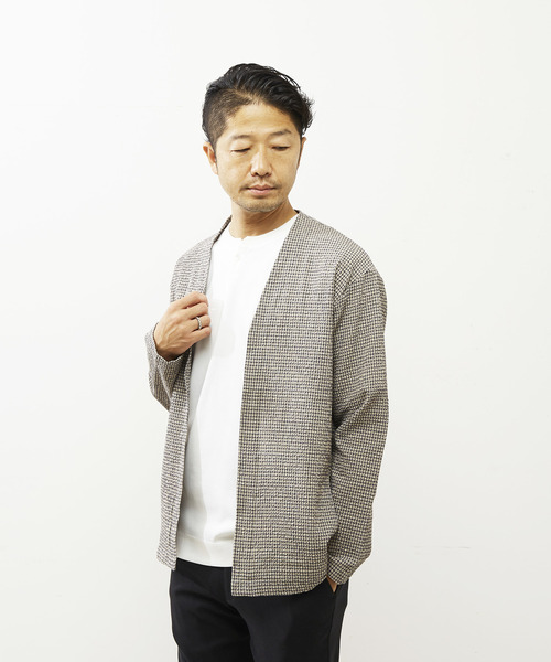 【チャコールグレー】エアチェックサッカーボタンレスカーディガン MEN'S MELROSE カーディガン エアチェックサッカーボタンレス