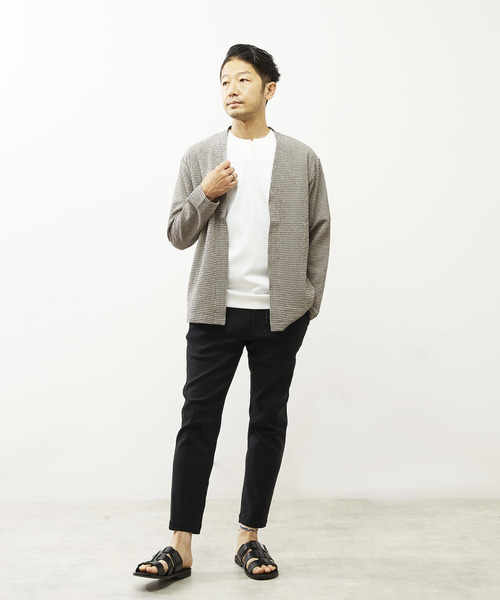 【チャコールグレー】エアチェックサッカーボタンレスカーディガン MEN'S MELROSE カーディガン エアチェックサッカーボタンレス