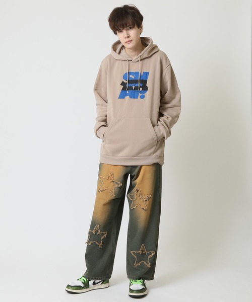 90sストリート風 ワイドジーンズ ユーズド加工 デニムパンツ ジーンズ 「Alfred Alex」ヴィンテージ加工 サイドライン ワイド