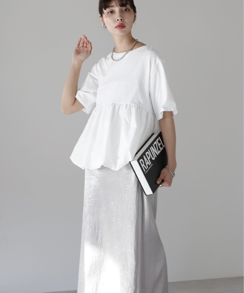 HəRIN.C. 半袖 バルーンヘム トップス ホワイト SOTT tシャツ 半袖 Mixed material balloon hem tops 異素材バルーン