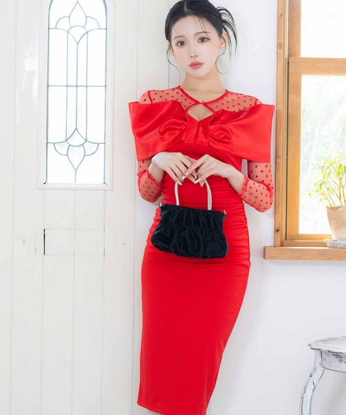 【完売商品】モカ ドット柄 キャバドレス XS～Lサイズあり】ベルト付きドットオーガンジーティアードロング