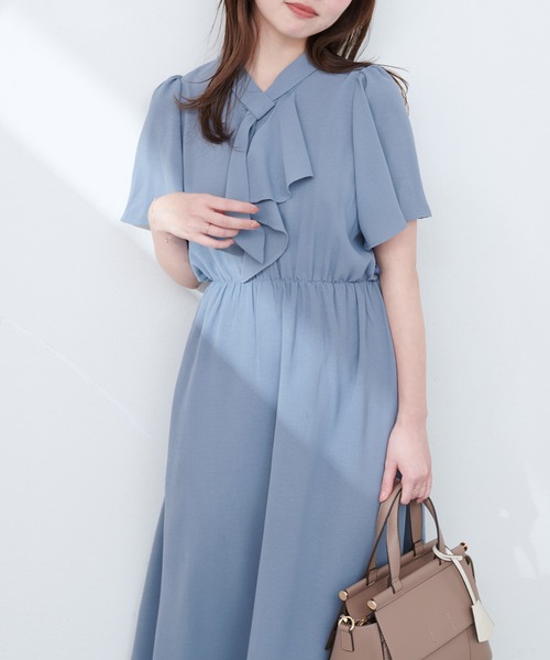 Cider コットン ボウタイ ラッフル バンドゥ マキシワンピース natural couture｜【WEB限定】ボウタイアシメラッフルワンピース