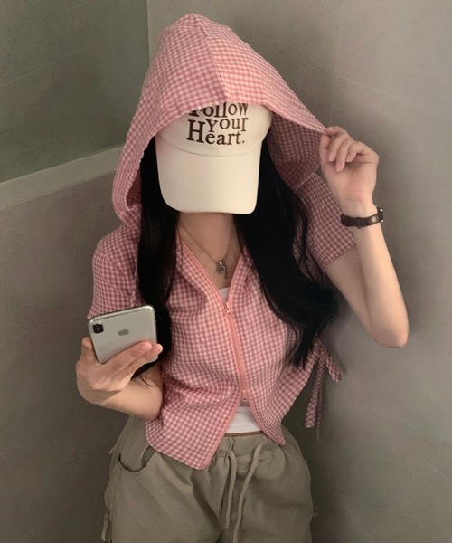 tシャツ 半袖 ギンガムチェックジップアップフーディトップス レディース | GEMEDA | 07