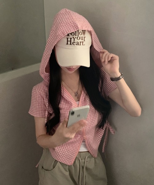 tシャツ 半袖 ギンガムチェックジップアップフーディトップス レディース | GEMEDA | 08