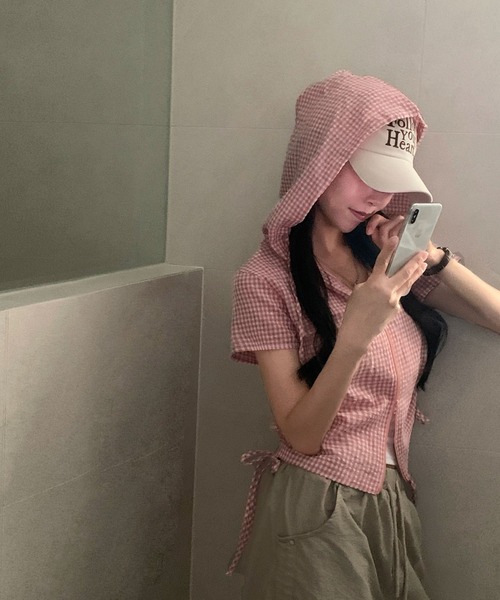 tシャツ 半袖 ギンガムチェックジップアップフーディトップス レディース | GEMEDA | 09
