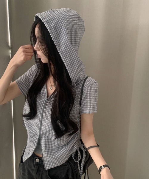 tシャツ 半袖 ギンガムチェックジップアップフーディトップス レディース | GEMEDA | 13