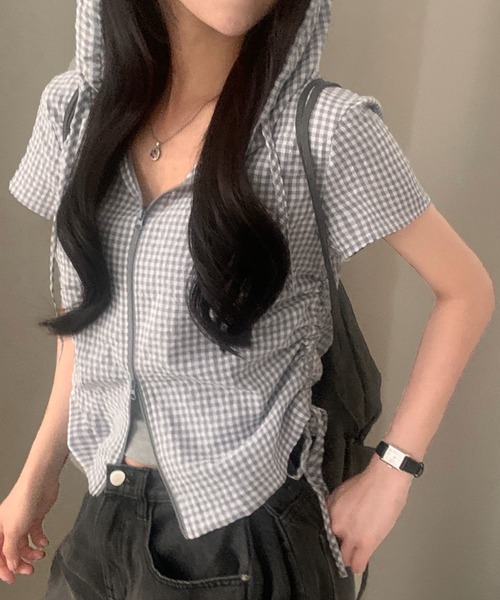 tシャツ 半袖 ギンガムチェックジップアップフーディトップス レディース | GEMEDA | 14