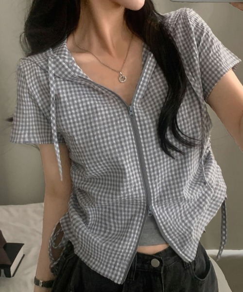tシャツ 半袖 ギンガムチェックジップアップフーディトップス レディース | GEMEDA | 16