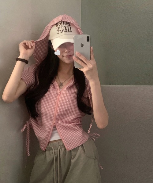 tシャツ 半袖 ギンガムチェックジップアップフーディトップス レディース | GEMEDA | 10