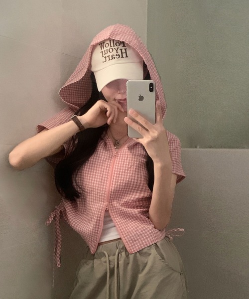tシャツ 半袖 ギンガムチェックジップアップフーディトップス レディース | GEMEDA | 12