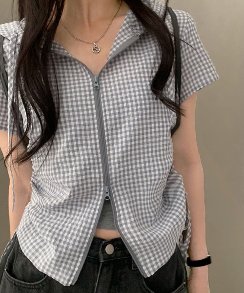 tシャツ 半袖 ギンガムチェックジップアップフーディトップス レディース | GEMEDA | 19