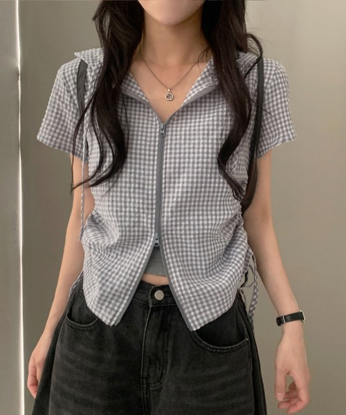 tシャツ 半袖 ギンガムチェックジップアップフーディトップス レディース | GEMEDA | 15