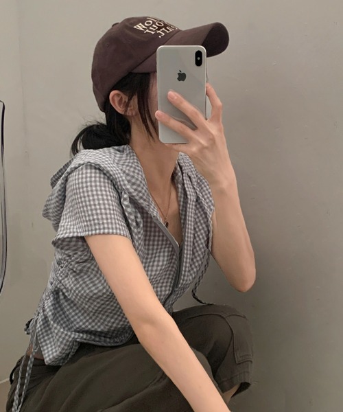 tシャツ 半袖 ギンガムチェックジップアップフーディトップス レディース | GEMEDA | 21