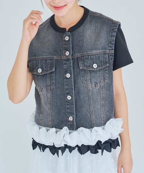 【ヴィンテージ】LA CUCCUMA ビジュー付デニムベスト　ジレ　H904 wee9s ベスト ジレ vintage like big collar denim vest