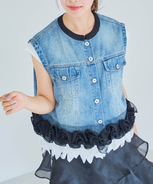 ベスト ジレ 裾フラワーデニムジレ レディース