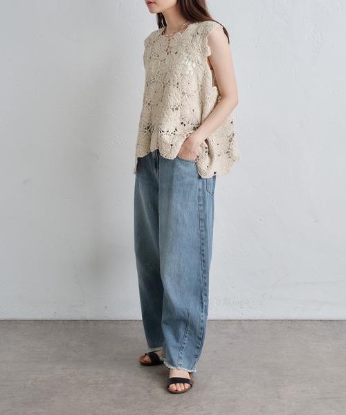 「PUAL CE CIN」 加工デニムパンツ SMALL サックスブルー レディース