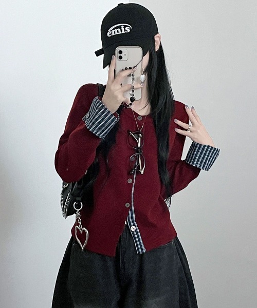 ニット セーター チェック柄シャツドッキング ニットカーディガン