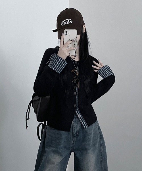 ニット セーター チェック柄シャツドッキング ニットカーディガン