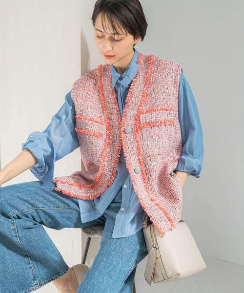 新品タグ付き★ツイードジレ　ベスト　ジレ Pierrot（ピエロ） ベスト ジレ ノーカラーツイードジレ レディース