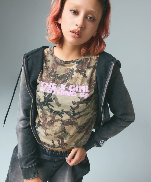 X-girl（エックスガール） パーカー FACE LABEL WASHED COMPACT ZIP UP