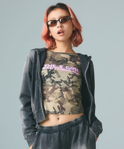 X-girl（エックスガール） パーカー FACE LABEL WASHED COMPACT ZIP UP