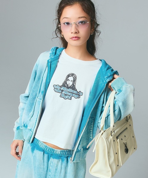 パーカー　希少　白水色♡P999 様ご専用です♡ X-girl（エックスガール） パーカー FACE LABEL WASHED COMPACT ZIP UP