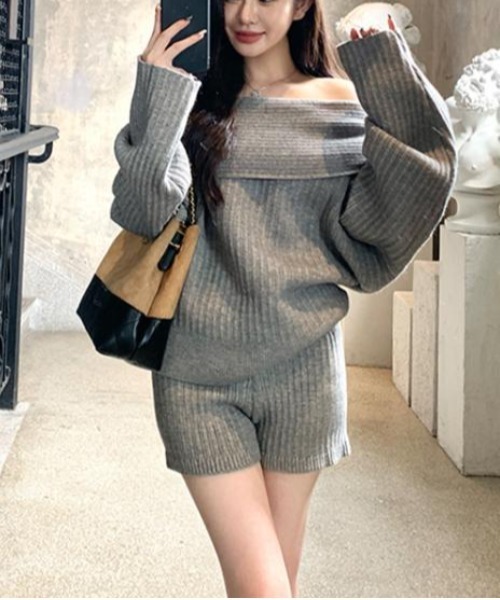 semuse セットアップ 2点セットアップ オフショルダーニットトップス