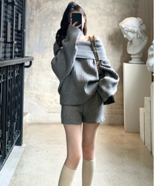 semuse セットアップ 2点セットアップ オフショルダーニットトップス