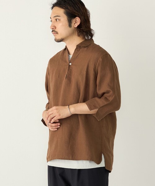 【美品】SHIPS Herdmans リネン　カプリシャツ　ブラウン SHIPS Colors（シップスカラーズ） 七分袖 シャツ SHIPS Colors:ユーロ