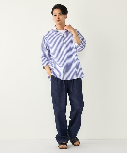 SHIPS Herdmans リネン100% カプリシャツ 七分袖 M ネイビー SHIPS Colors（シップスカラーズ） 七分袖 シャツ SHIPS Colors:ユーロ
