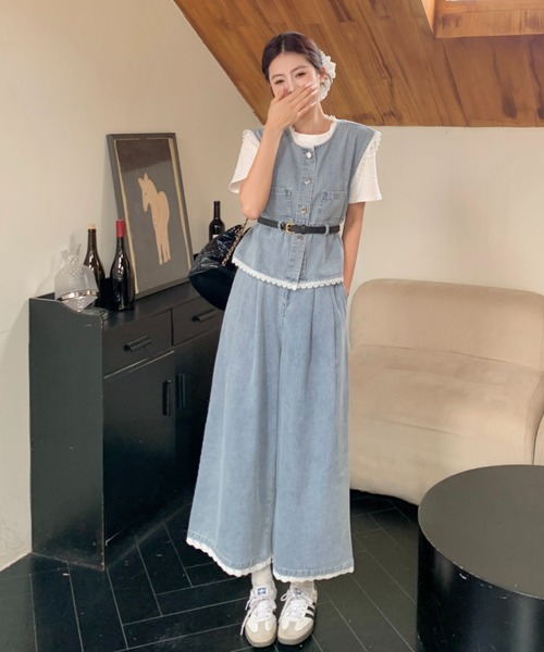 FAVORITO セットアップ デニムノースリーブトップスワイドパンツ