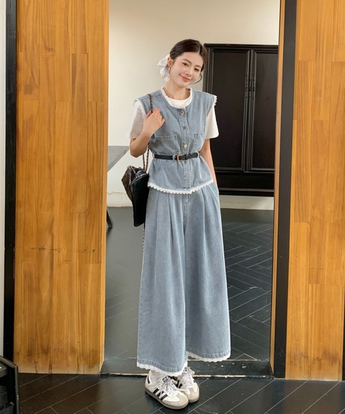 FAVORITO セットアップ デニムノースリーブトップスワイドパンツ