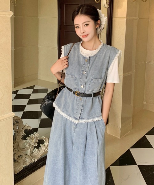 FAVORITO セットアップ デニムノースリーブトップスワイドパンツ