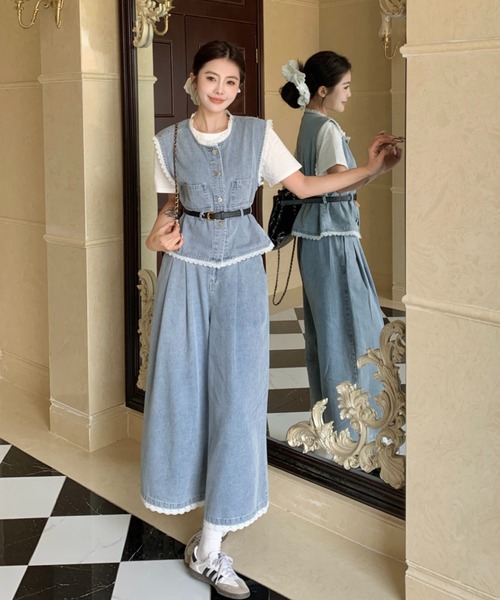 FAVORITO セットアップ デニムノースリーブトップスワイドパンツ
