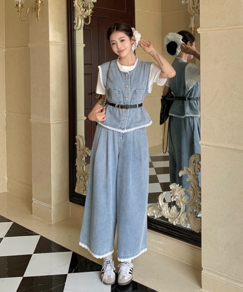 FAVORITO セットアップ デニムノースリーブトップスワイドパンツ