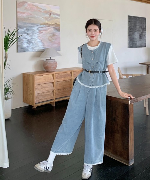 FAVORITO セットアップ デニムノースリーブトップスワイドパンツ