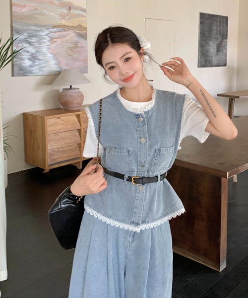 FAVORITO セットアップ デニムノースリーブトップスワイドパンツ