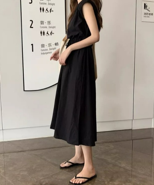 【韓国ブランド】ノースリーブウエストボタンワンピースN248 大特価】4色展開 ブラック ベージュ ピンク グレー 無地