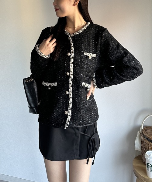 キラキラ ノーカラー ジャケット 韓国ファッション おしゃれ ノーカラー 金ボタン きれいめ ツイードジャケット | レディース