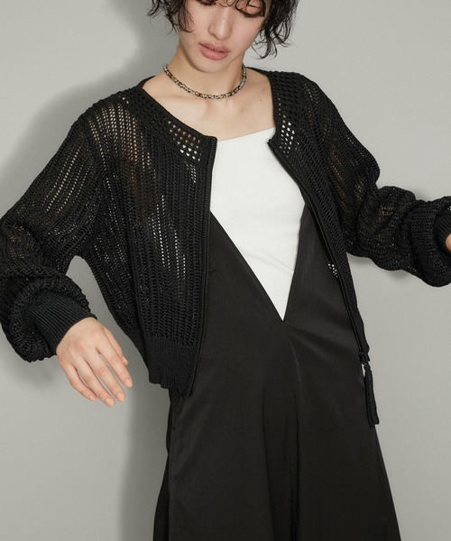 アダムエロペ●メッシュニットブルゾン●ブラック●美品 ADAM ET ROPE' カーディガン 「WEB限定」ラインメッシュニット