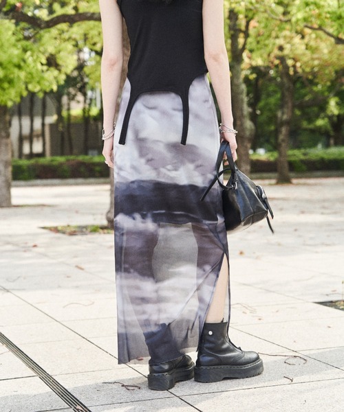 Solace スカート ニュアンス柄シアーナローロングスカート