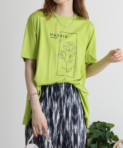 ブローディア BRODIAEA ウーマンプリント半袖Tシャツ （サックスブルー） tシャツ BRODIAEA 綿ローン ボタニカル柄切り替え半袖カットソー