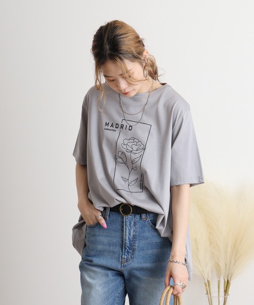 ブローディア BRODIAEA ウーマンプリント半袖Tシャツ （サックスブルー） tシャツ BRODIAEA 綿ローン ボタニカル柄切り替え半袖カットソー