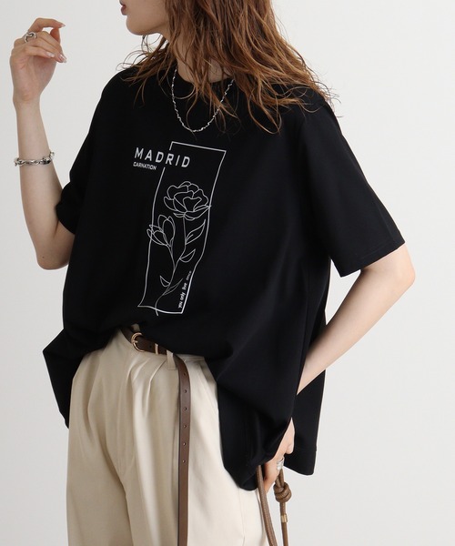 ブローディア BRODIAEA ウーマンプリント半袖Tシャツ （サックスブルー） tシャツ BRODIAEA 綿ローン ボタニカル柄切り替え半袖カットソー