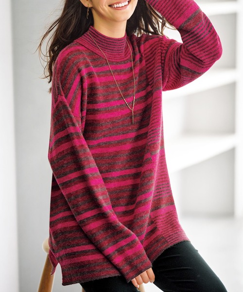 BELLUNA PLUS（ベルーナプラス） チュニック マルチボーダー柄ニット