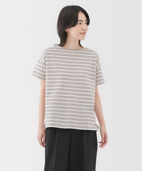 無印良品（MUJI） tシャツ 婦人 ボーダーボートネック半袖Tシャツ